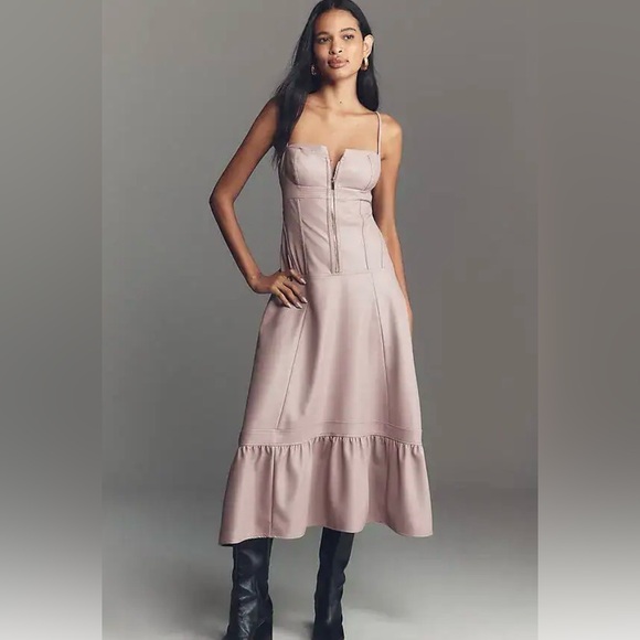 Mauve Dresses & Skirts - NWT Anthropologie Mauve Women’s faux leather zip up Midi Dress in Dusty Pink